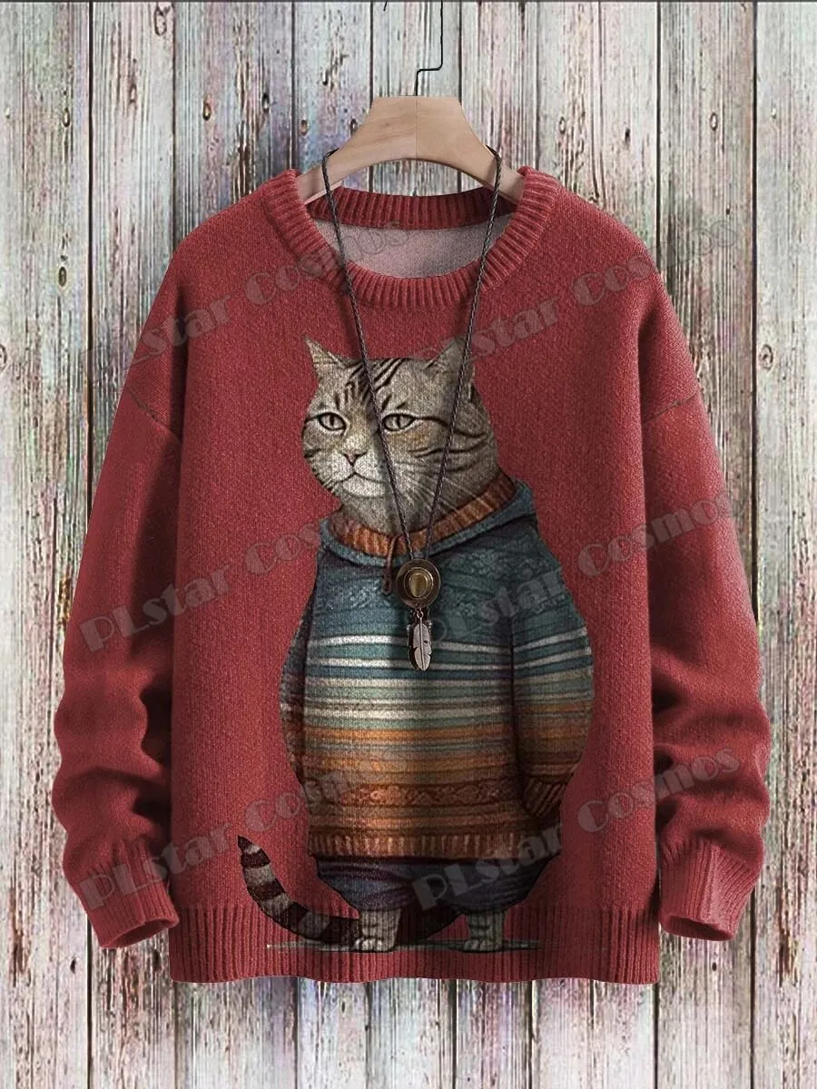 Abstract Art Cat Pattern Knit Pullover: 3D Printed Winter Sweater for Unisex Casual Style