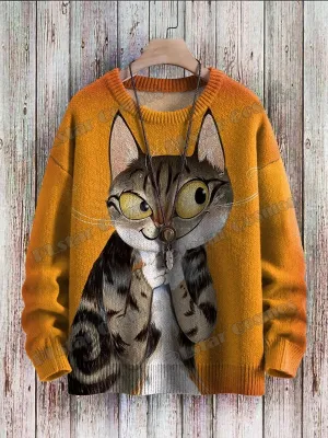 Abstract Art Cat Pattern Knit Pullover: 3D Printed Winter Sweater for Unisex Casual Style