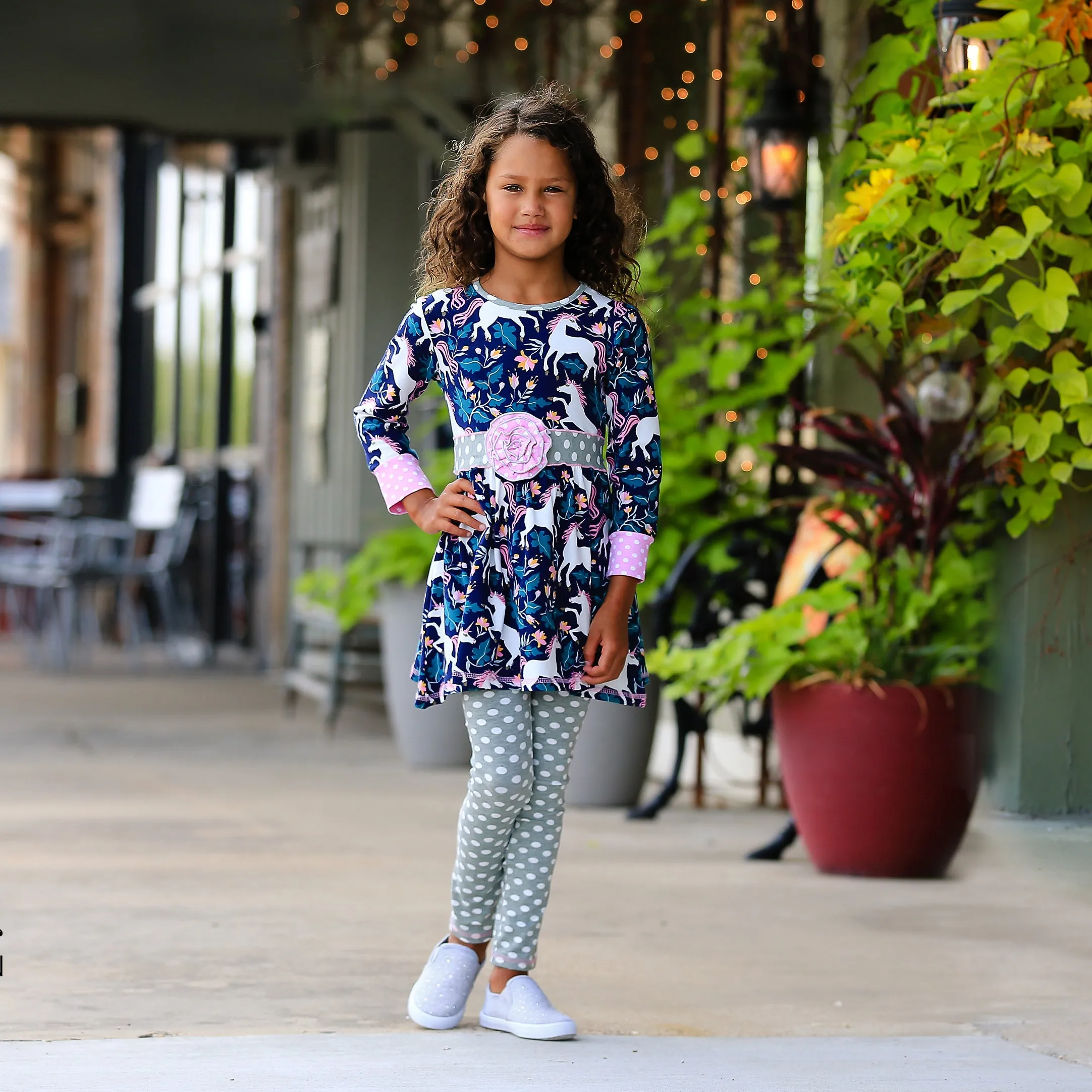 AnnLoren Baby Big Girls Original Unicorn Polka Dot Cotton Winter Dress Leggings Set sz 2/3T-9/10