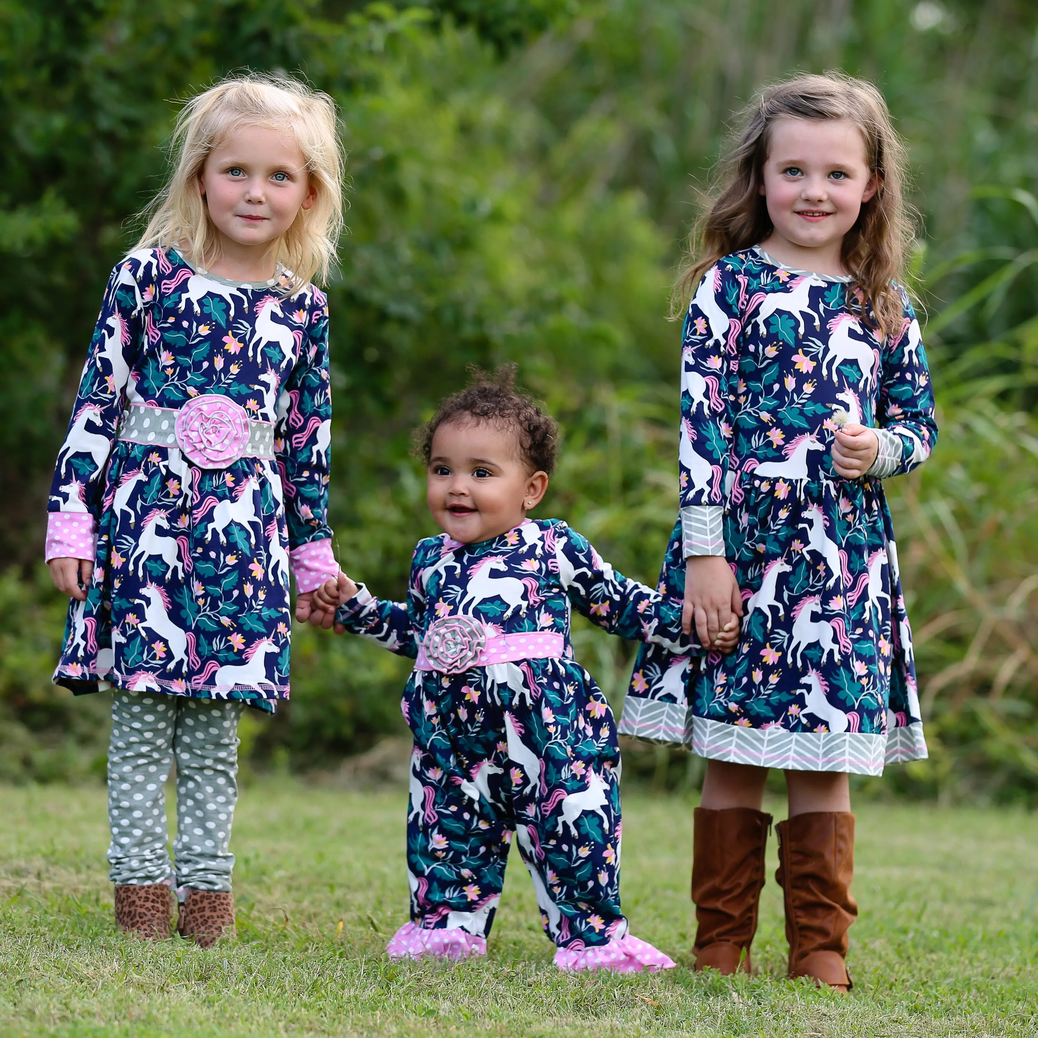 AnnLoren Baby Big Girls Original Unicorn Polka Dot Cotton Winter Dress Leggings Set sz 2/3T-9/10
