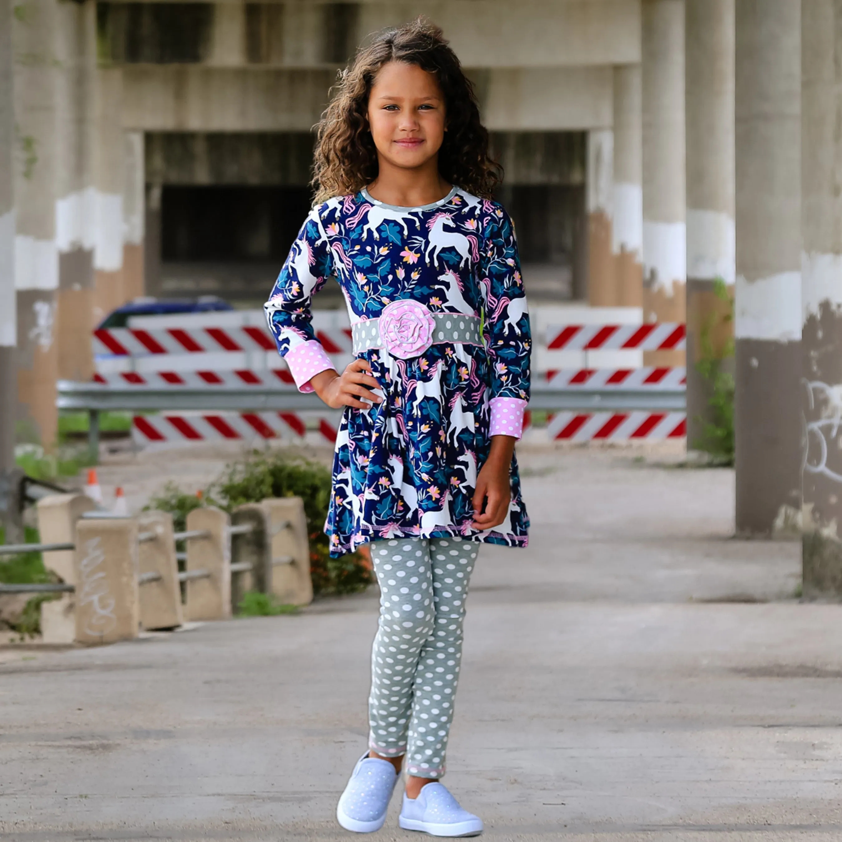 AnnLoren Baby Big Girls Original Unicorn Polka Dot Cotton Winter Dress Leggings Set sz 2/3T-9/10