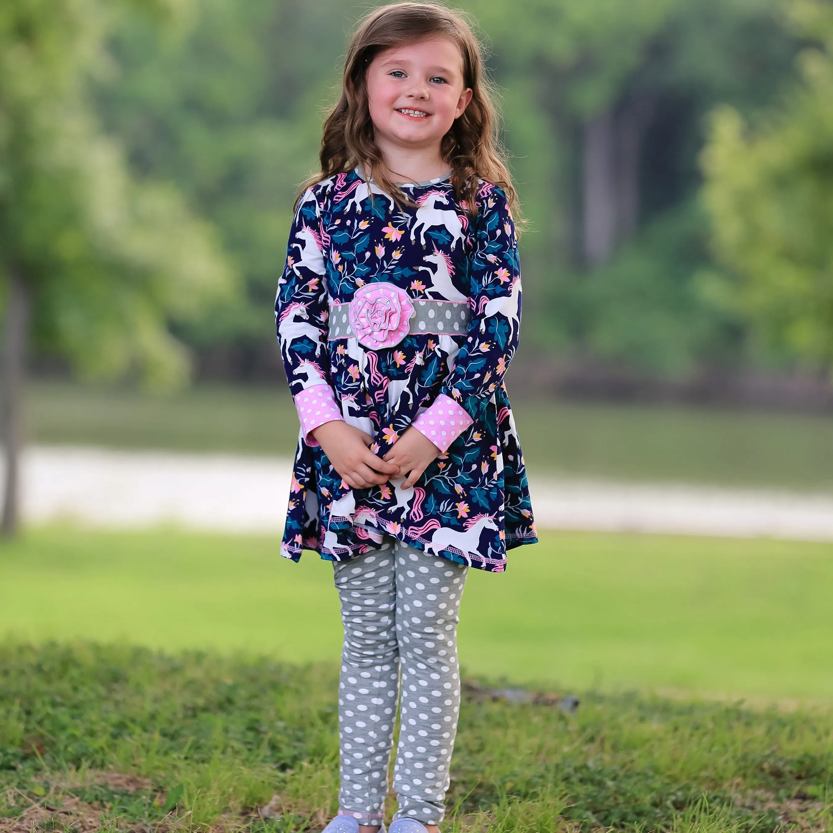 AnnLoren Baby Big Girls Original Unicorn Polka Dot Cotton Winter Dress Leggings Set sz 2/3T-9/10