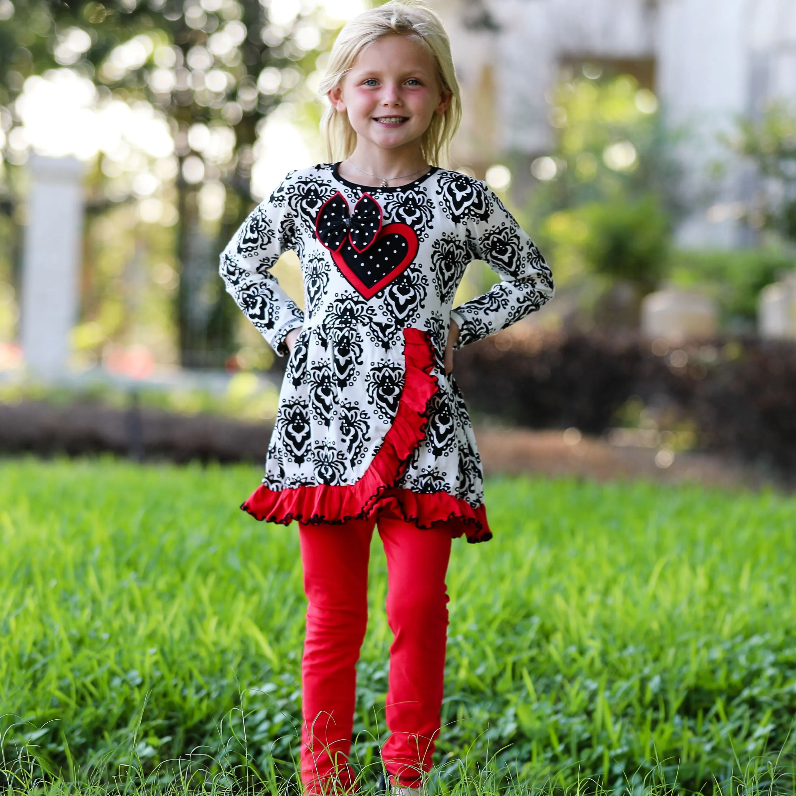 AnnLoren Girls Winter Damask Valentine's Heart Holiday Dress Tunic & Leggings Set