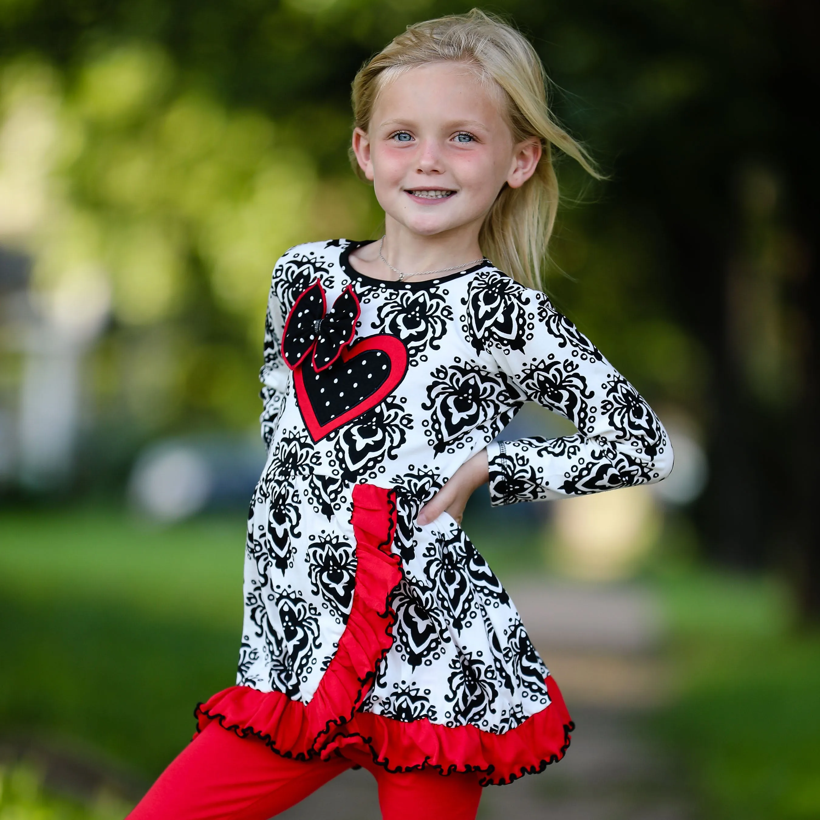 AnnLoren Girls Winter Damask Valentine's Heart Holiday Dress Tunic & Leggings Set