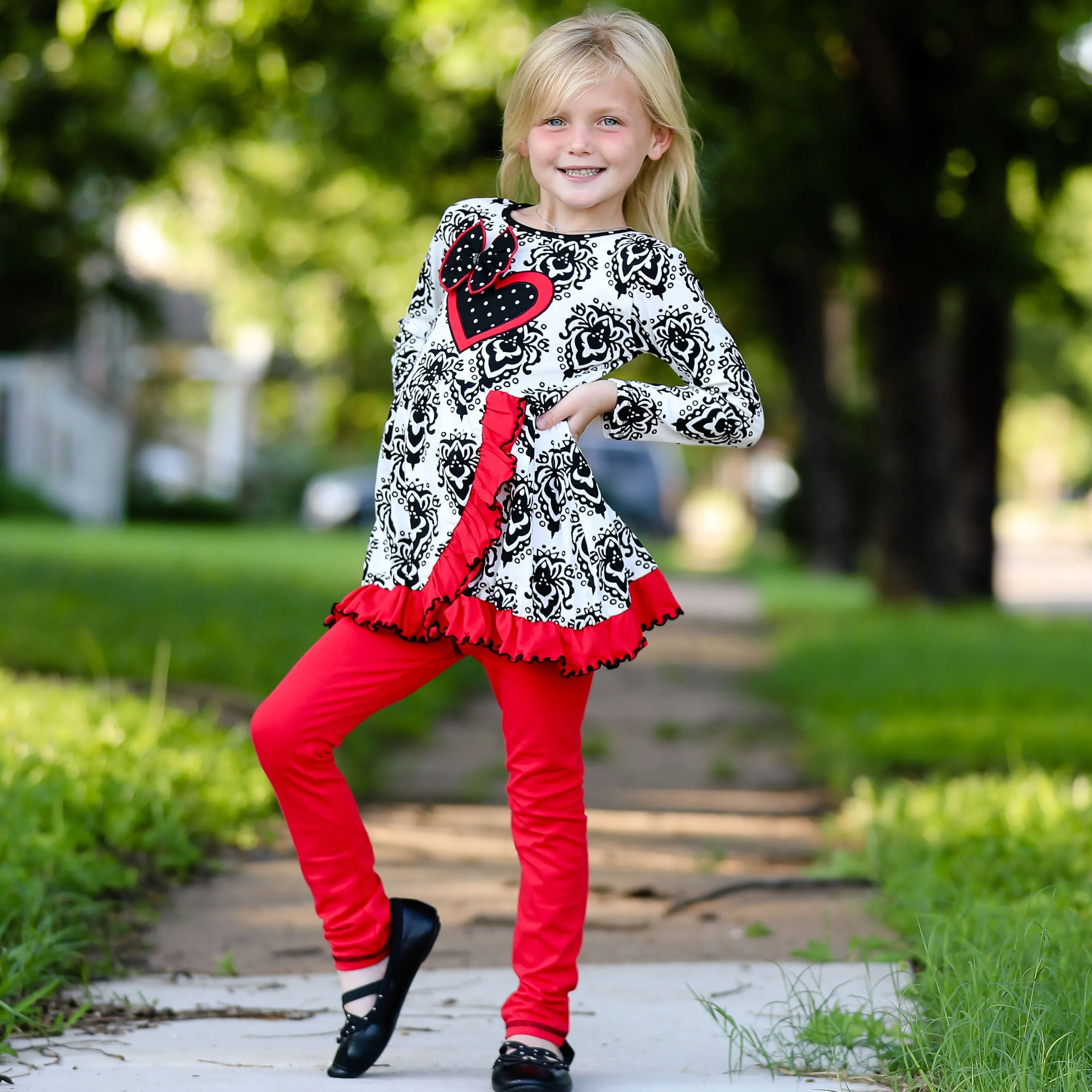 AnnLoren Girls Winter Damask Valentine's Heart Holiday Dress Tunic & Leggings Set