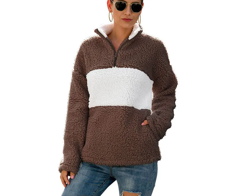 Autumn and Winter Zipper Pullover Fur Coat Stitching Plush Sweater