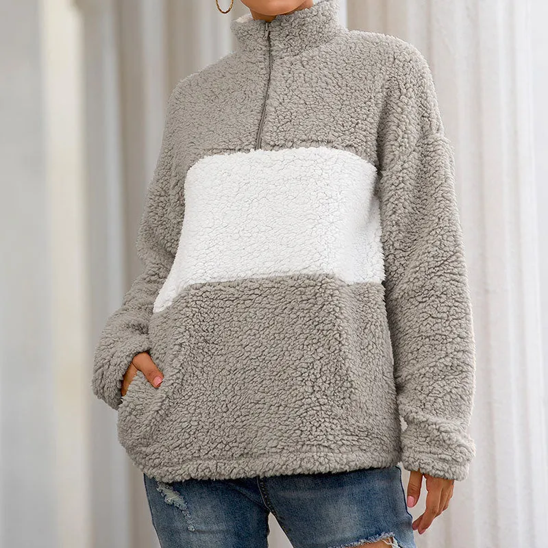 Autumn and Winter Zipper Pullover Fur Coat Stitching Plush Sweater