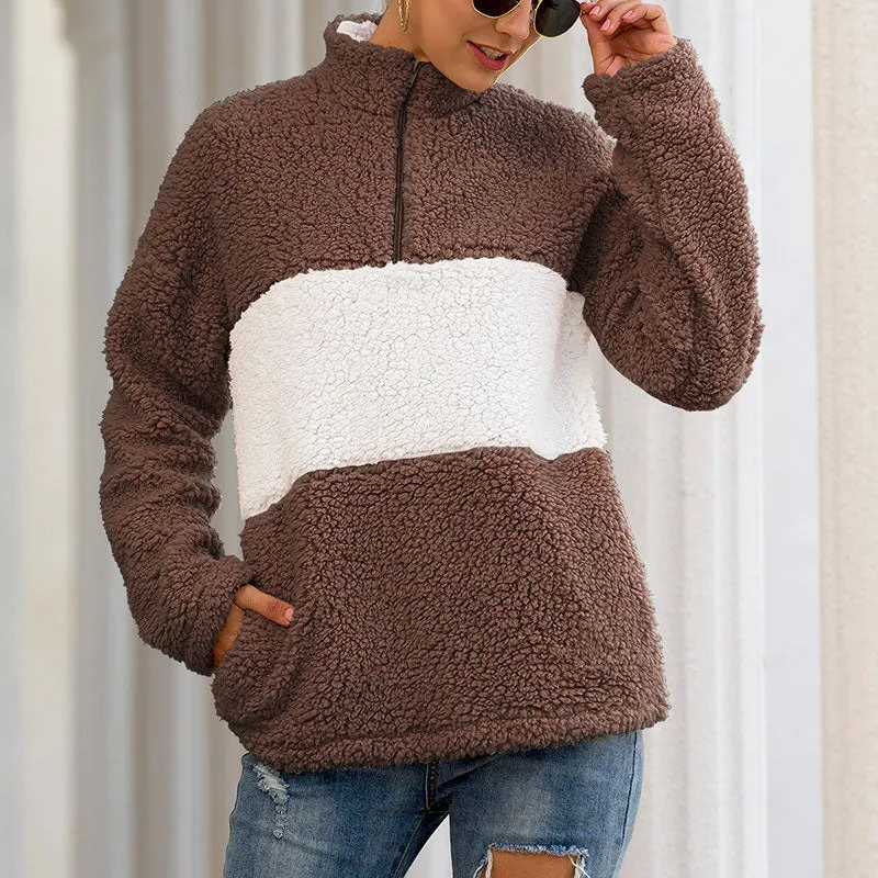 Autumn and Winter Zipper Pullover Fur Coat Stitching Plush Sweater