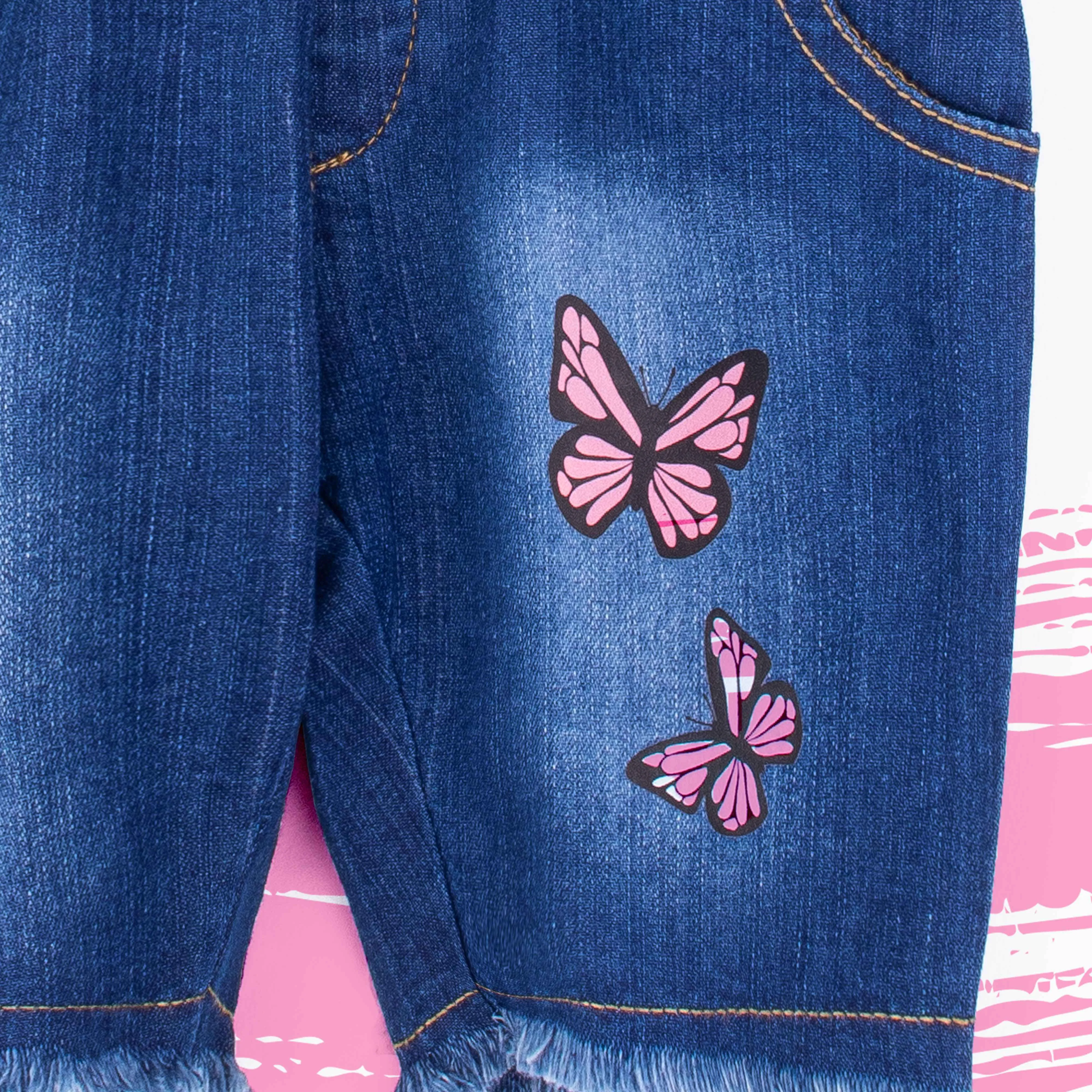Baby Girl Dark Blue Denim Butterfly Print Shorts