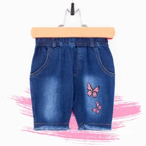 Baby Girl Dark Blue Denim Butterfly Print Shorts