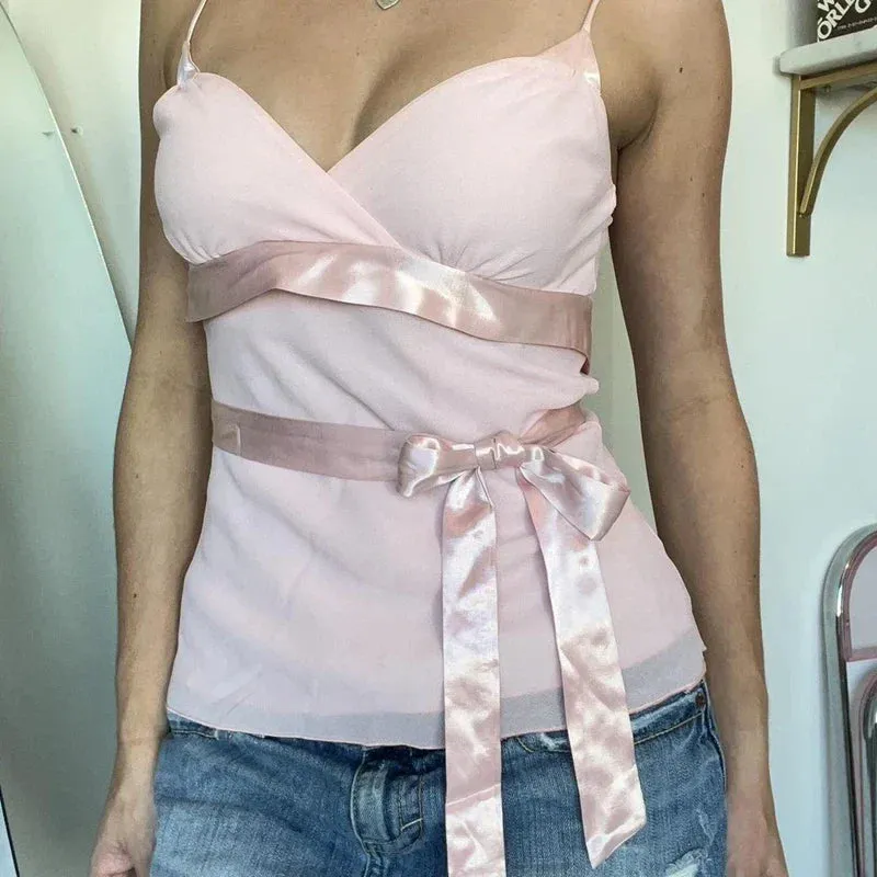 Baby Pink Babydoll Satin Ribbon Bowknot Fairy Sleeveless Y2K Crop Top