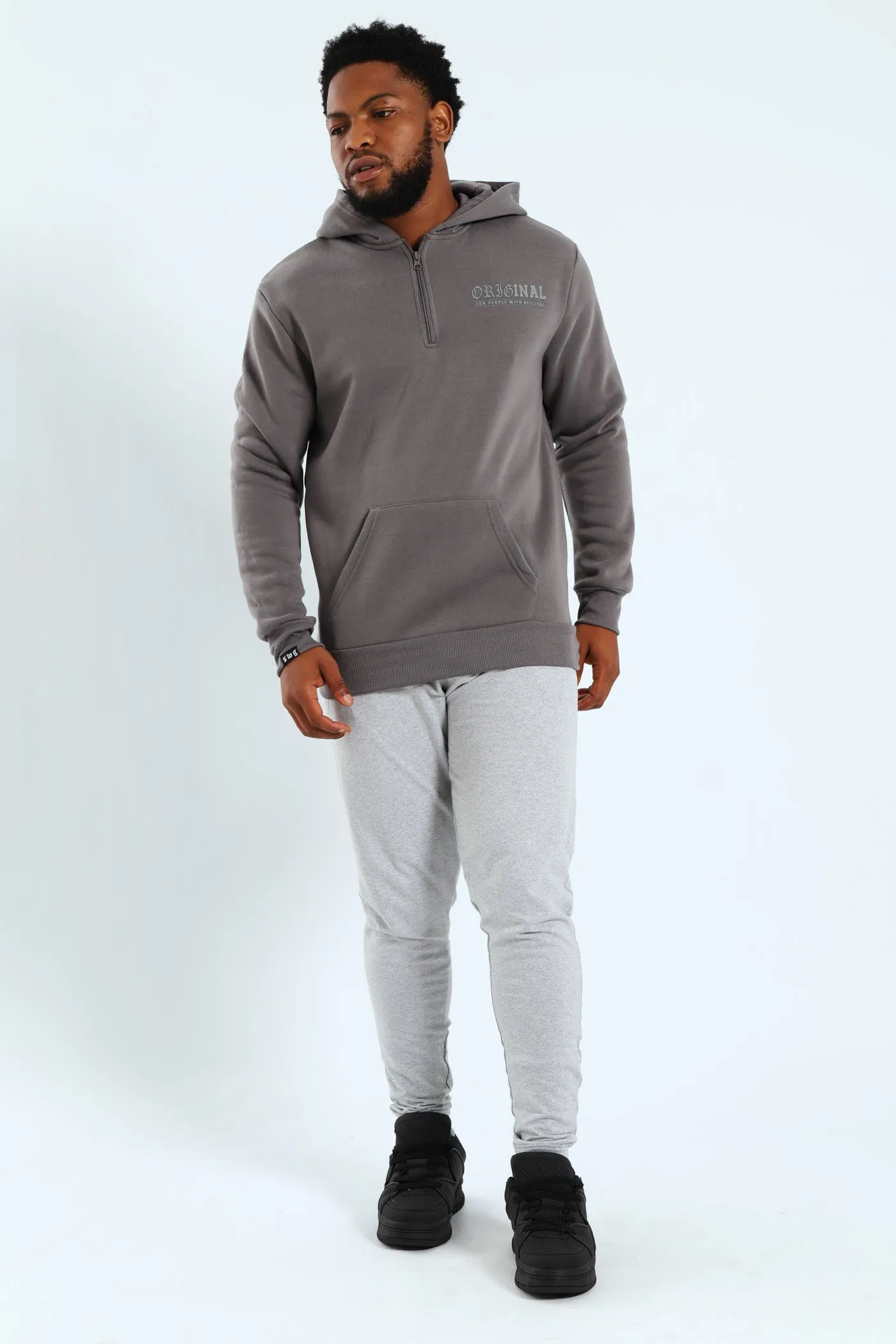 Back Print Zip Detail Hoody - Charcoal