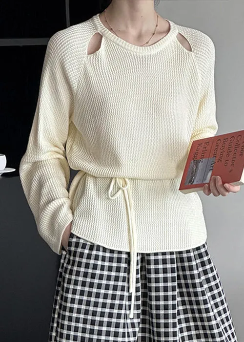 Beige Krawatte Taille gestrickt Trikots O Hals lange Ärmel
