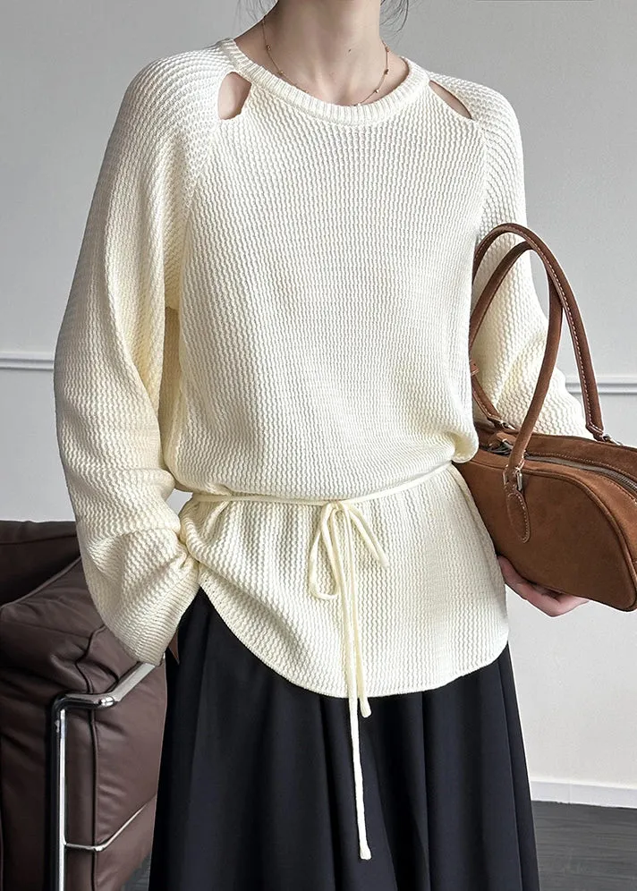 Beige Krawatte Taille gestrickt Trikots O Hals lange Ärmel