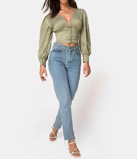 Bishop Sleeve VNeck Button Crop Top