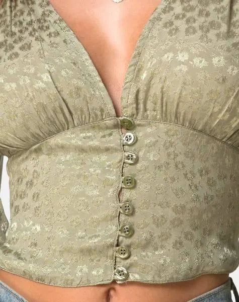 Bishop Sleeve VNeck Button Crop Top