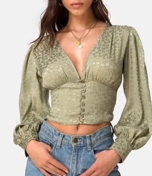 Bishop Sleeve VNeck Button Crop Top