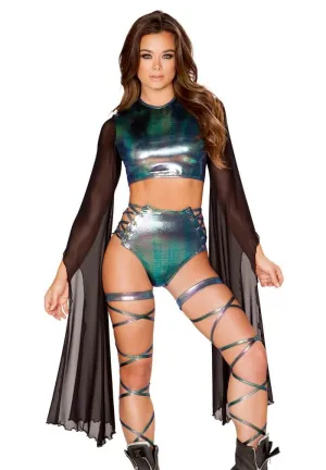 Black And Metallic Crop Top With Sheer Sleeves