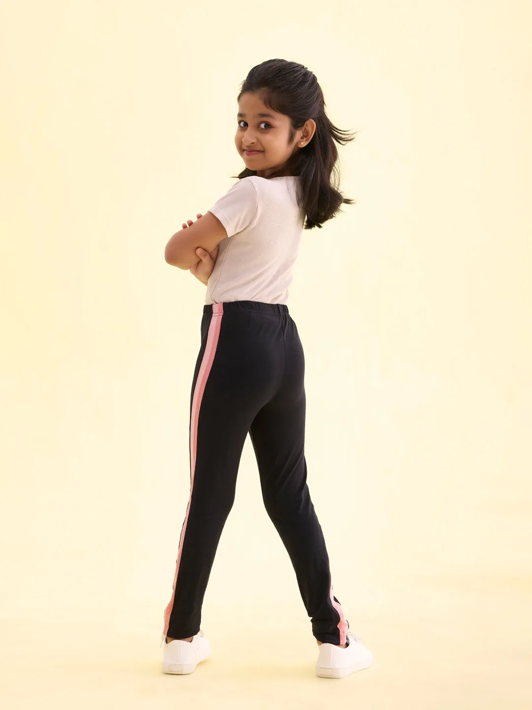 Black Cotton Stretch  Side Stripes Active Leggings