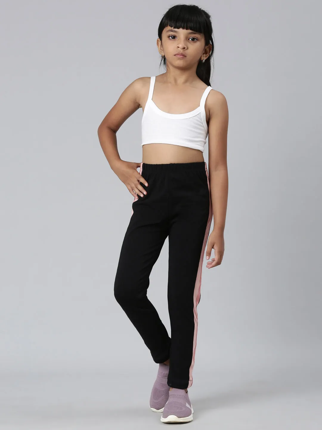 Black Cotton Stretch  Side Stripes Active Leggings
