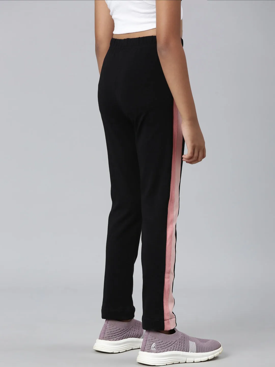 Black Cotton Stretch  Side Stripes Active Leggings