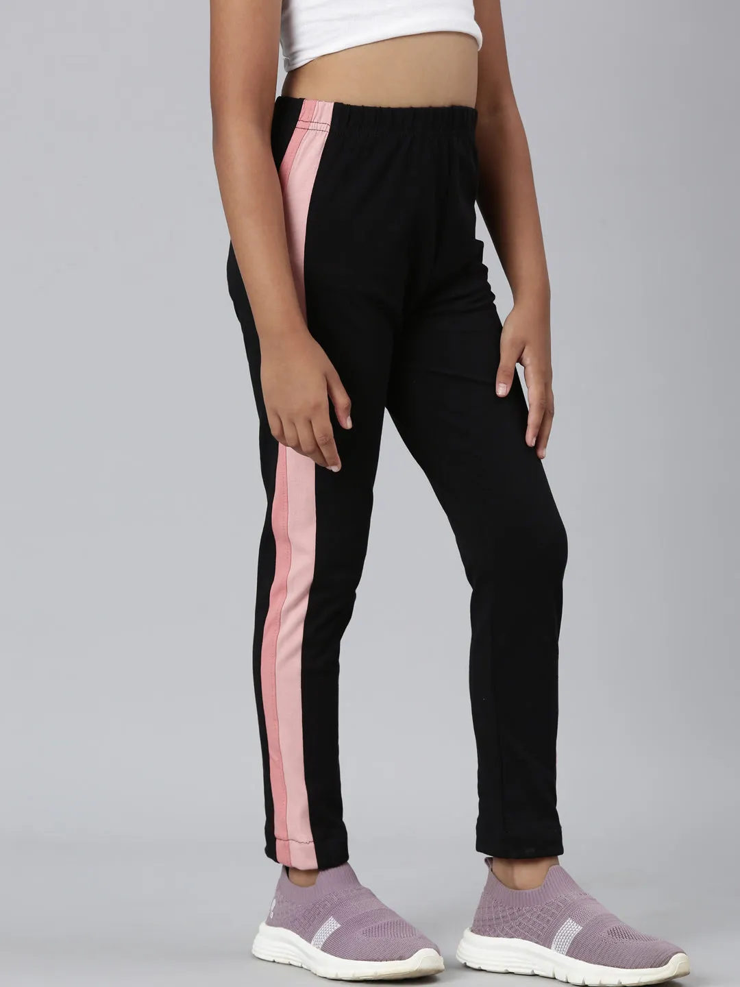Black Cotton Stretch  Side Stripes Active Leggings