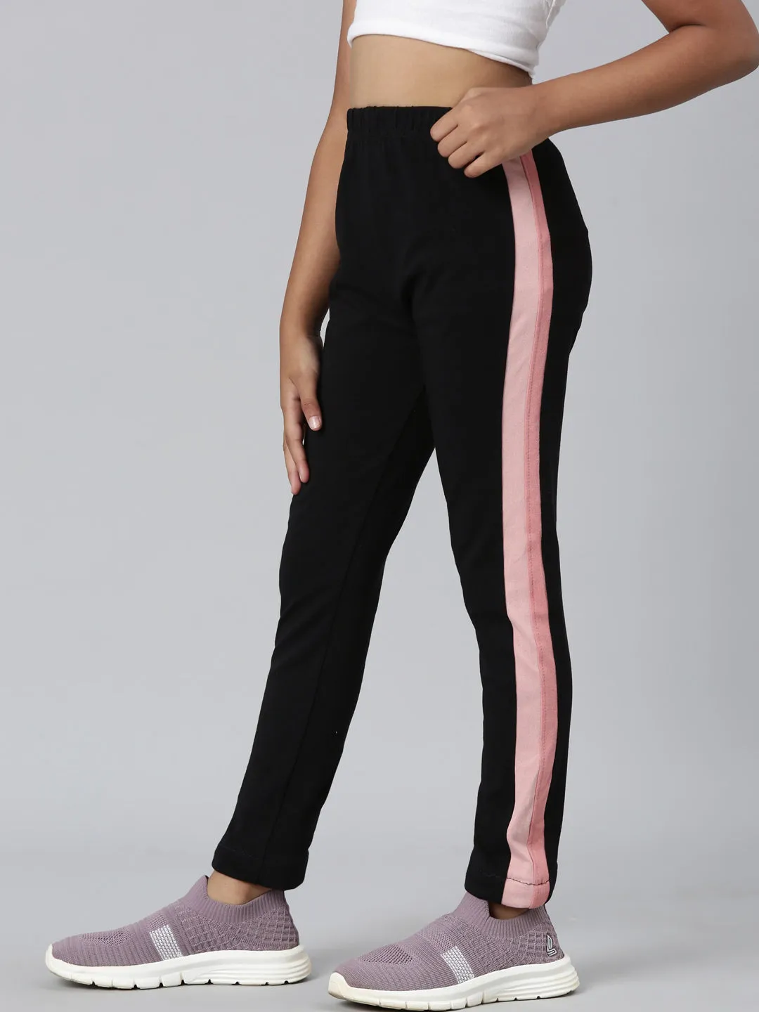 Black Cotton Stretch  Side Stripes Active Leggings