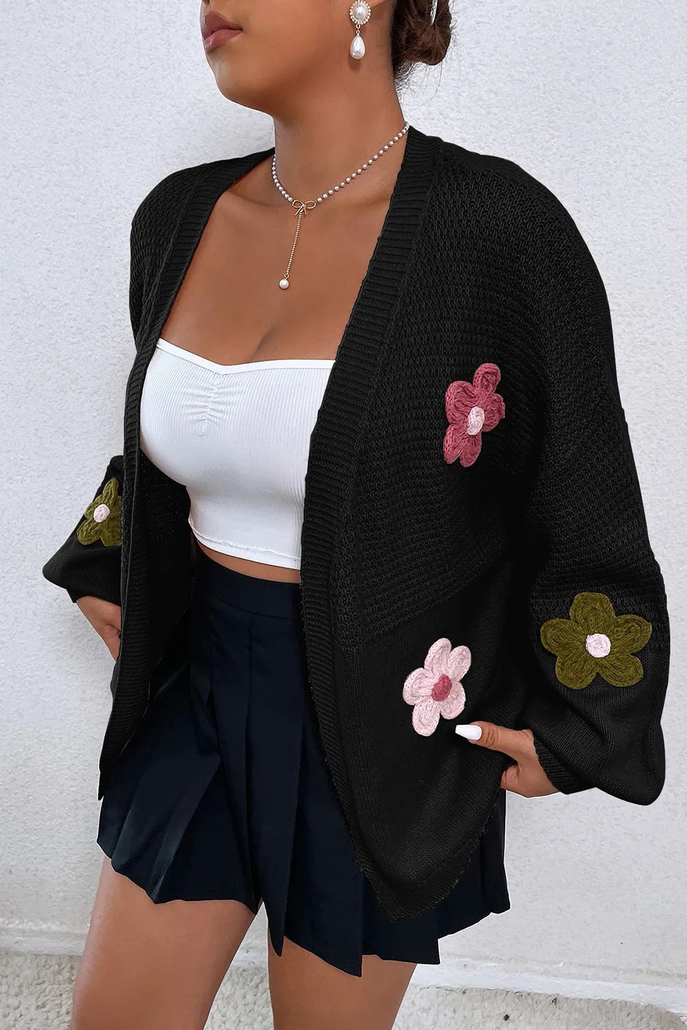 Black Floral Applique Drop Shoulder Bubble Sleeve Cardigan