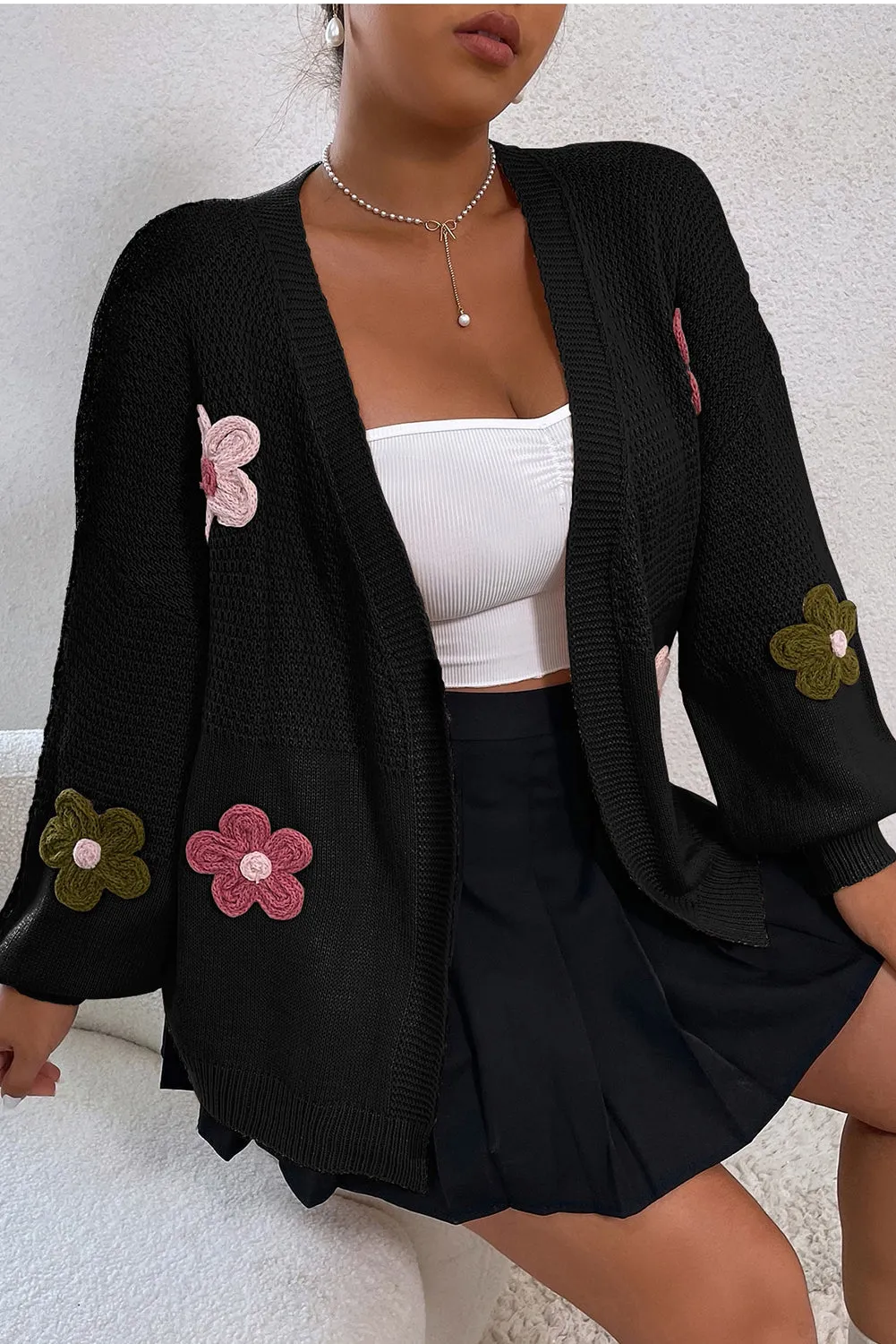 Black Floral Applique Drop Shoulder Bubble Sleeve Cardigan