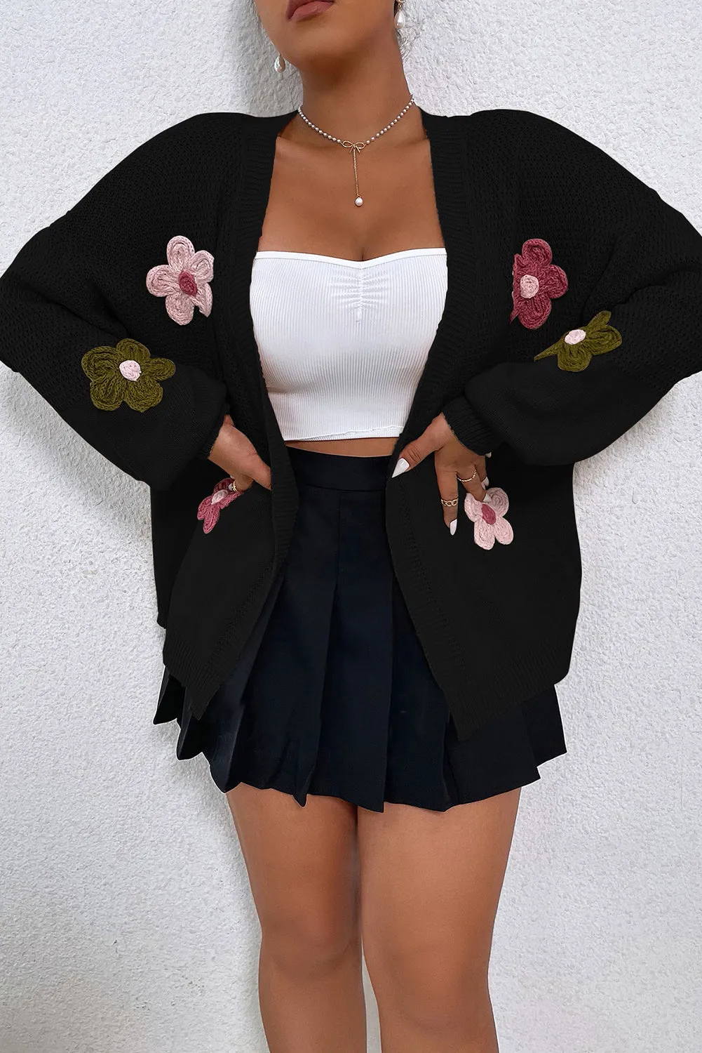 Black Floral Applique Drop Shoulder Bubble Sleeve Cardigan