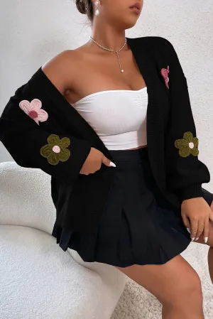 Black Floral Applique Drop Shoulder Bubble Sleeve Cardigan