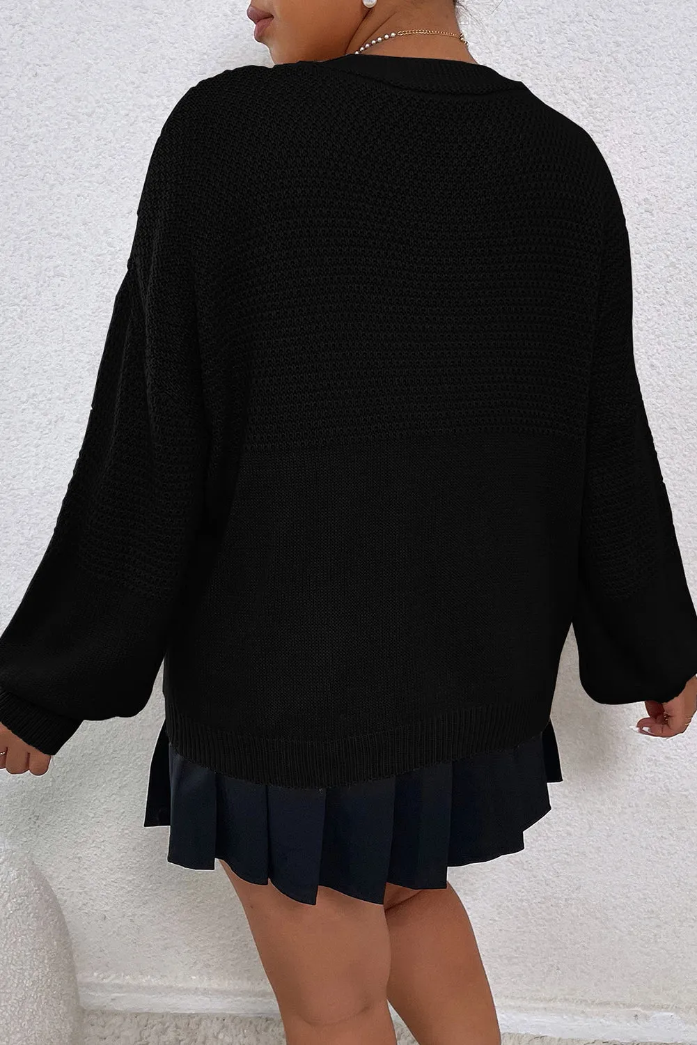 Black Floral Applique Drop Shoulder Bubble Sleeve Cardigan