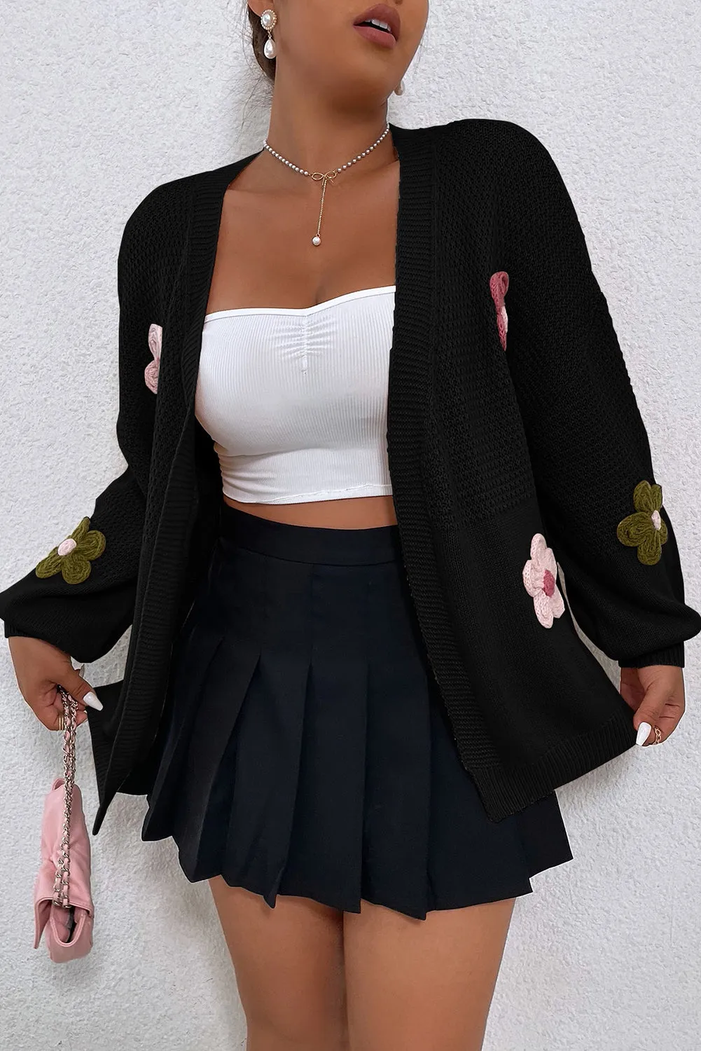 Black Floral Applique Drop Shoulder Bubble Sleeve Cardigan
