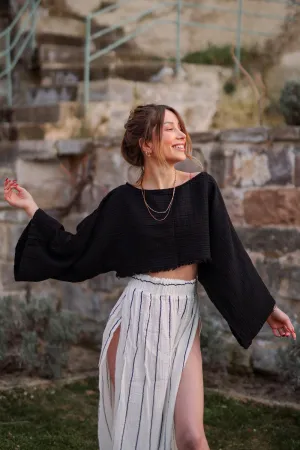 Black Off Shoulder Long Sleeve Crop Top