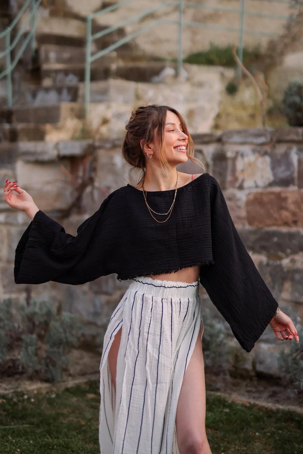 Black Off Shoulder Long Sleeve Crop Top