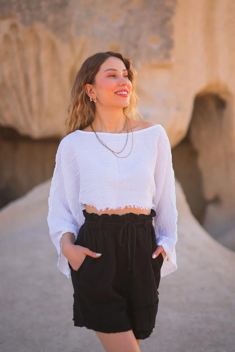 Black Off Shoulder Long Sleeve Crop Top