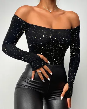 Black Sequin Off Shoulder Knit Top