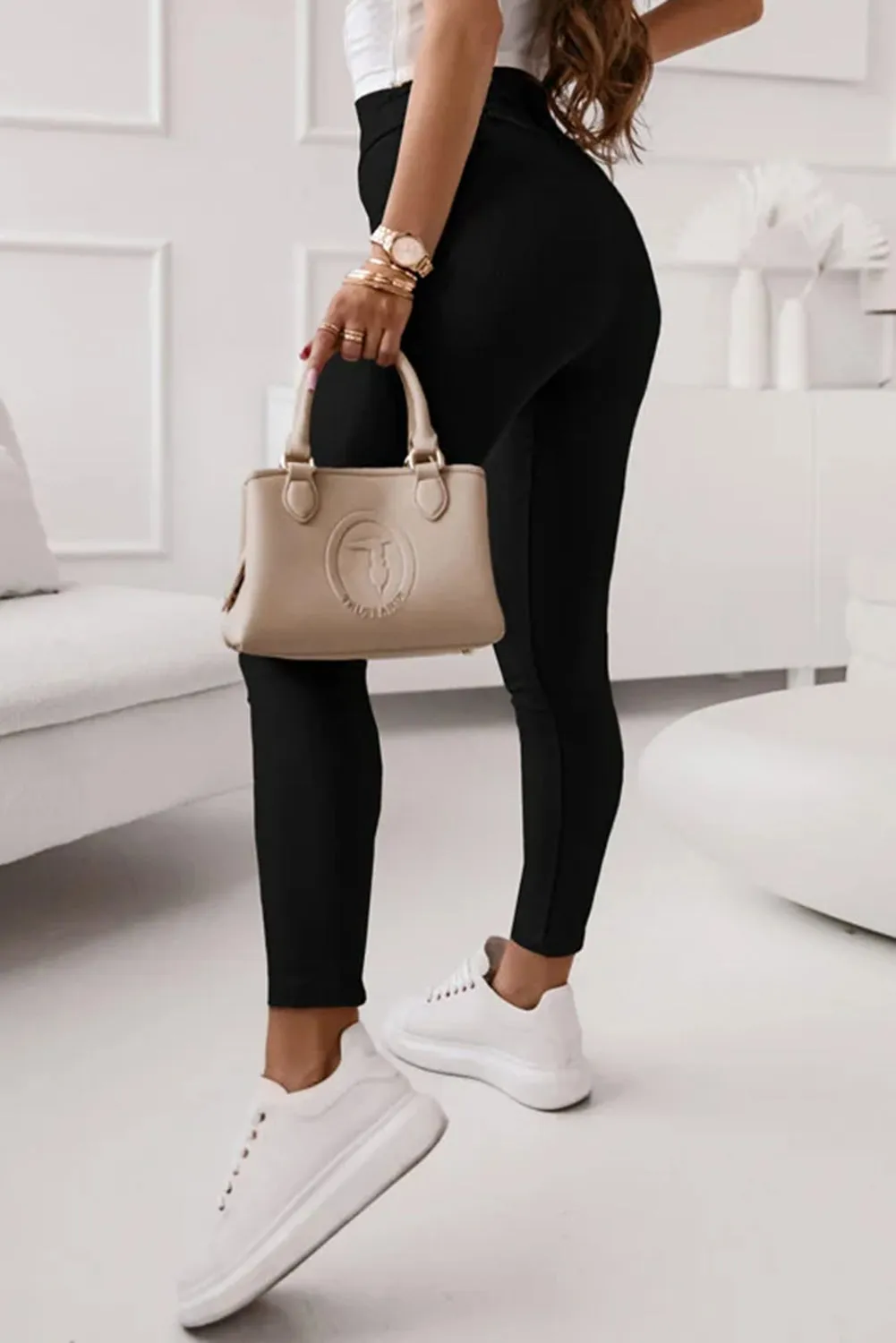 Black Zipper Ribbed Wide Waistband High Rise Leggings