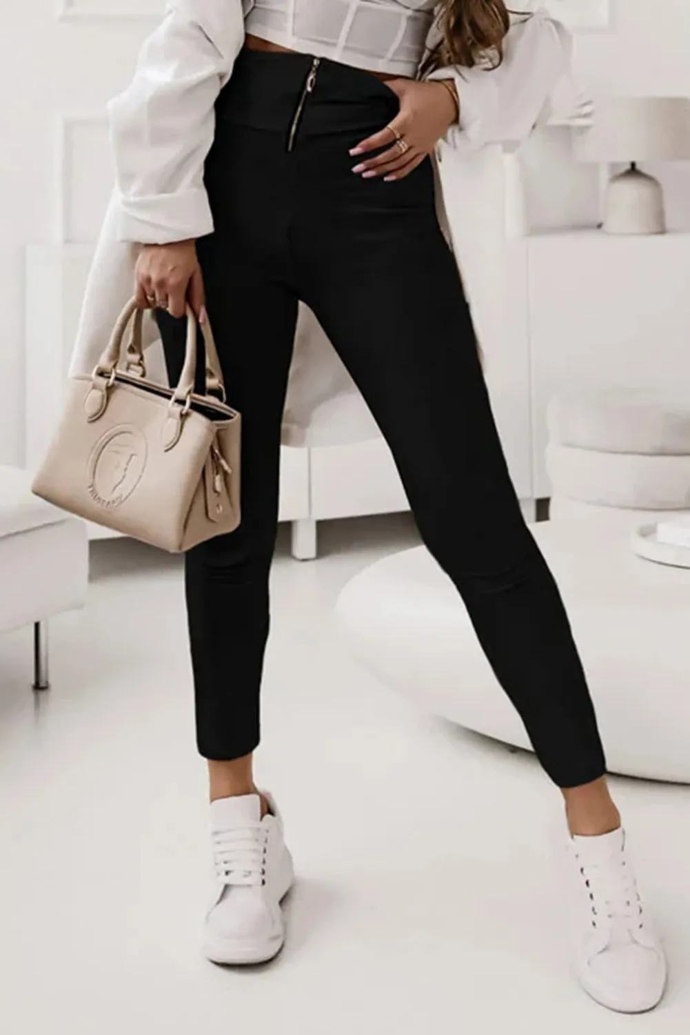 Black Zipper Ribbed Wide Waistband High Rise Leggings