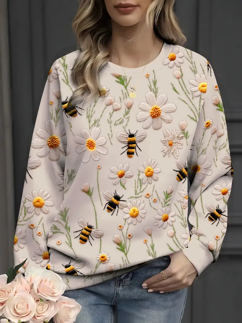 Blühender Winter-Pullover mit gemütlichem Rundhalsausschnitt