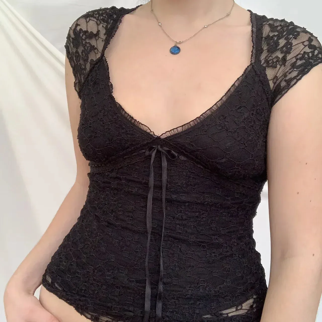 Blue Floral Lace Milkmaid Y2K Crop Top