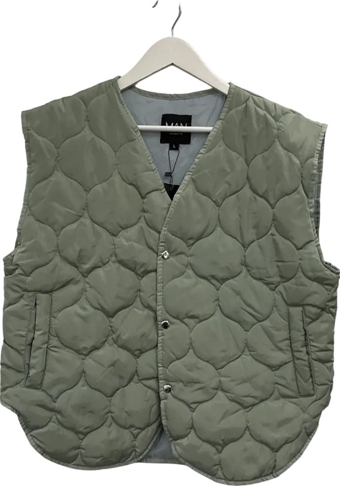 boohooMan Green Onion Quilted Popper Gilet UK L