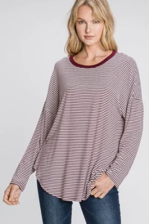 Burgundy Stripe Drop Shoulder L/S Tee