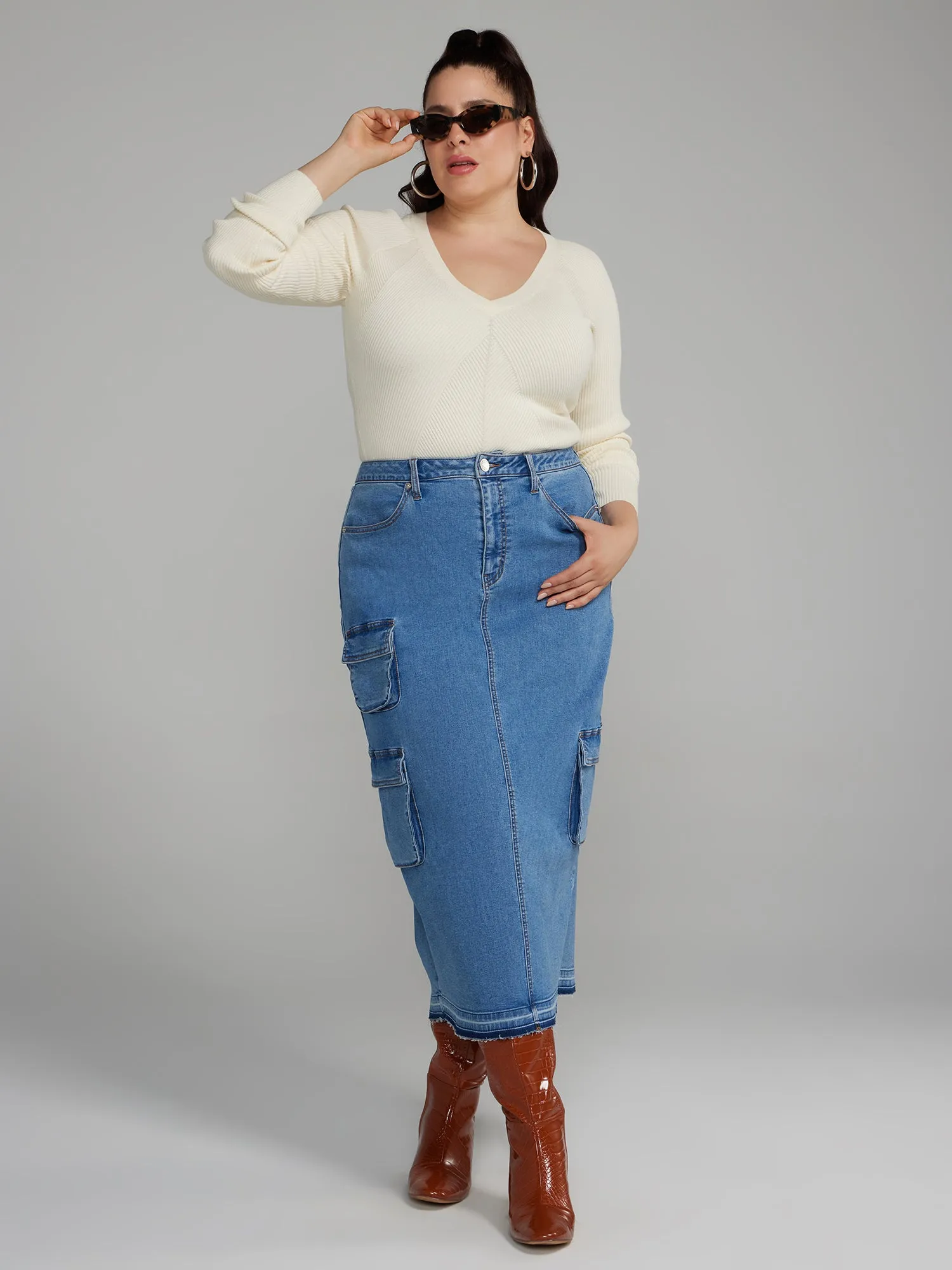 Cargo Denim Midi Skirt