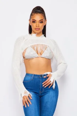 Catch a Glimpse Distressed Frayed Micro Crop Top - Ivory -
