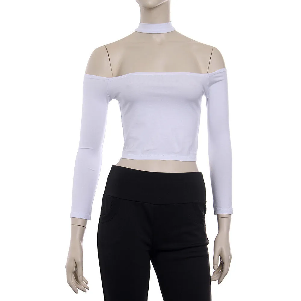 choker top crop top long sleeve bustier off shoulder women white cropped feminino pink high Neck cotton fitness tank shirts