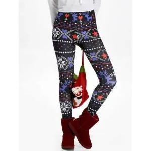 Christmas High Waisted Flocking Leggings - Black M