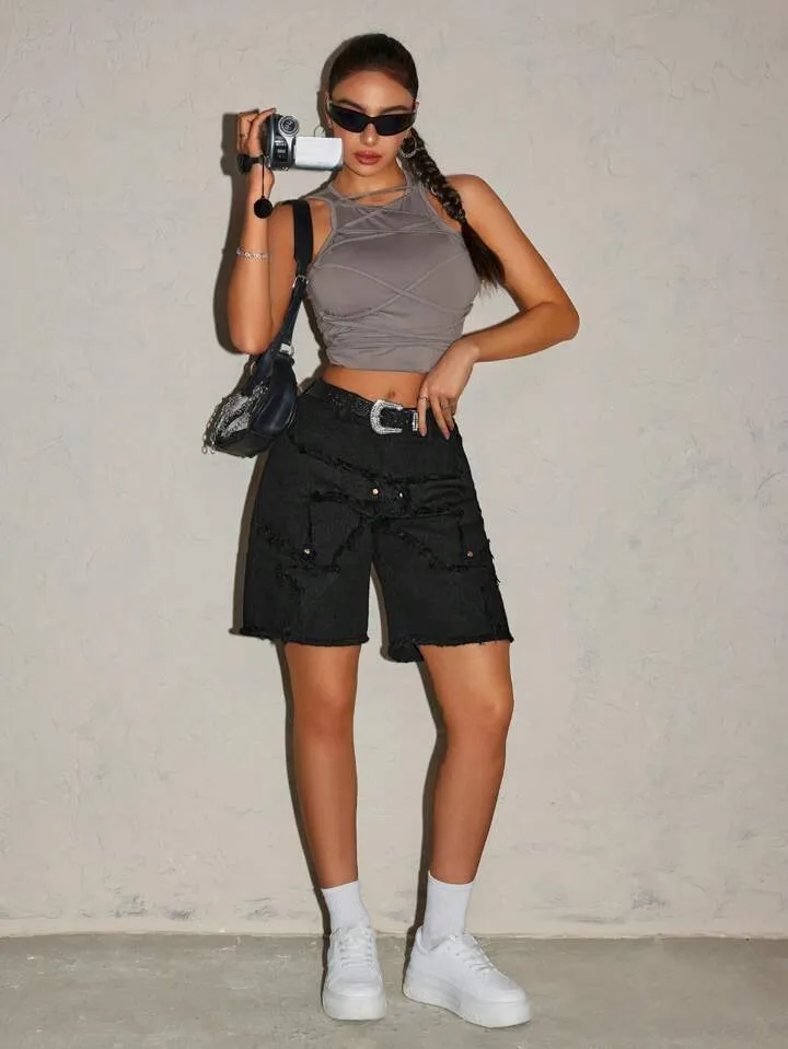 CM-BS963154 Women Casual Seoul Style Patchwork Frayed Hem Bermuda Denim Shorts - Black