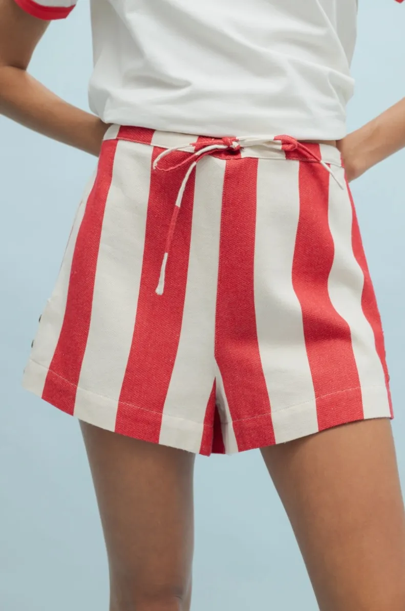 Cotton Striped Shorts with Side Button Detail