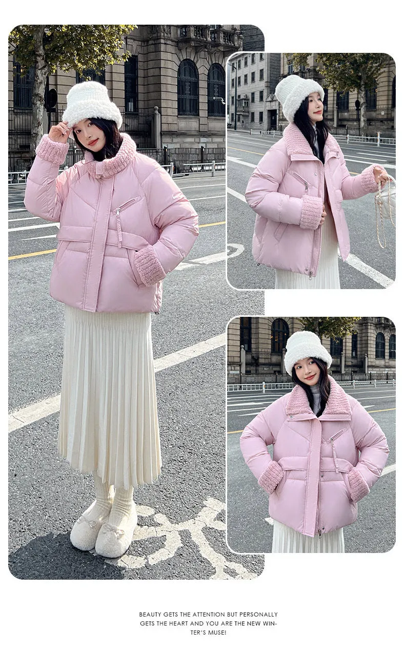 Cozy Short Puffer Jacket Featuring Knit Sleeves and a Unique Collar